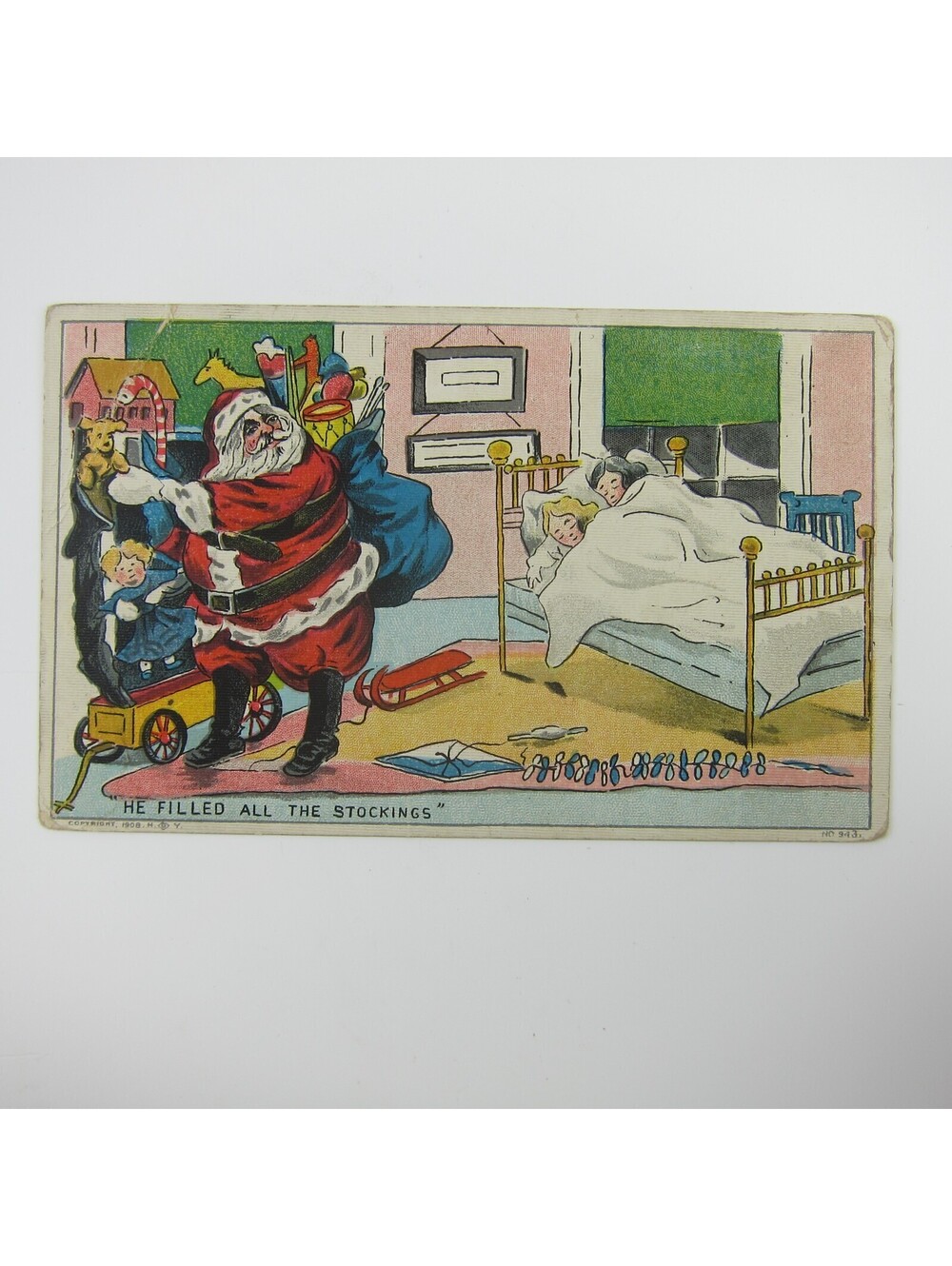 Christmas Postcard Santa Bag Toys Fill Stockings Children Sleep Bed Antique 1908